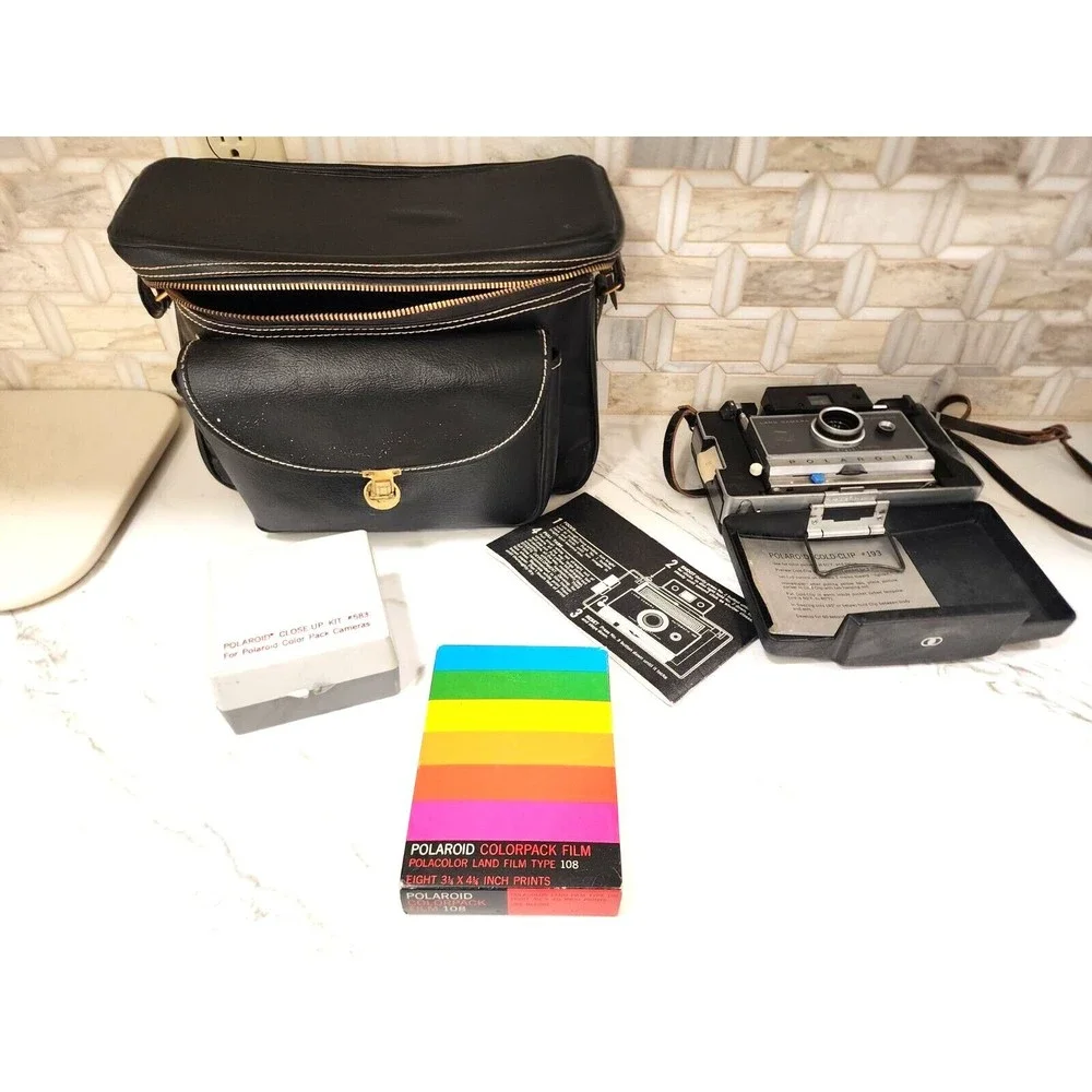 1970s Polaroid Automatic 100 Land Camera w/Bag Film Booklet and Extras Working